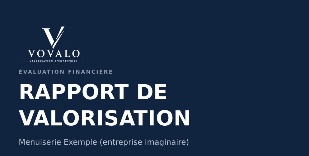 Couverture d’un rapport de valorisation VOVALO, exemple fictif — extrait parmi une quinzaine de pages