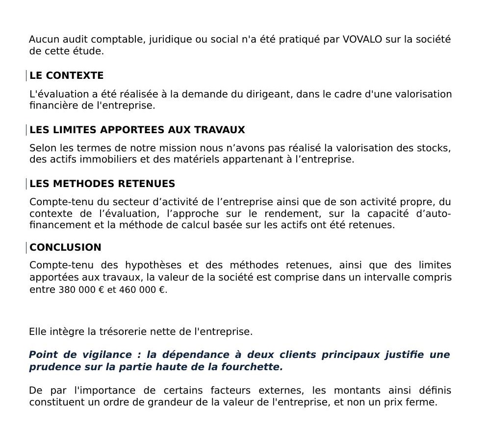 Extrait d’un rapport de valorisation VOVALO : page de conclusion (exemple fictif)